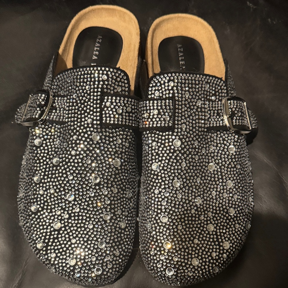 Azalea Wang Embellished Rhinestone Slip-On Mules - Black Sparkle